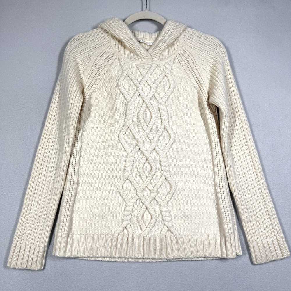 Athleta Sweater Womens Small Hoodie Merino Wool Cable Knit Pullover Cream Hooded